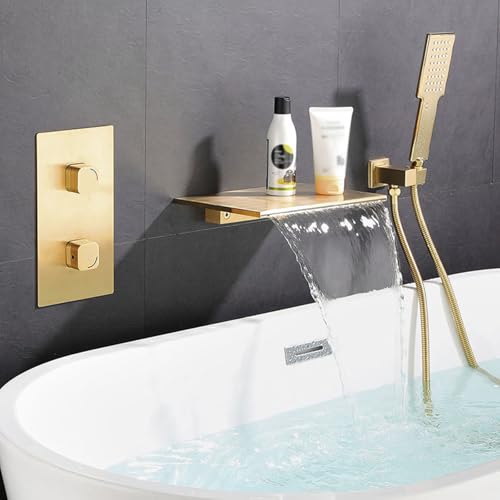 Wall Mounted Eaterfall Bath Taps Dual Function Spout Bath Shower Filler Mixer Tap Double Lever,Brushed Gold