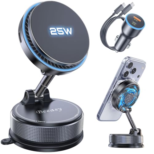 Beeasy 25W Qi2.2 MagSafe Car Mount Charger Built-in Cooling Fan, Upgraded Vacuum Suction Cup 360° Rotation, Magnetic Wireless Car Charger with 63W Adapter for iPhone 17 16 Pro Max Samsung S26 Ultra