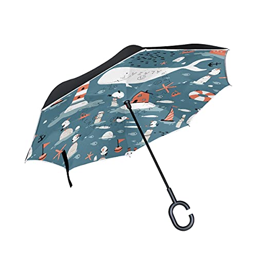 Parapluie inversé femme idéal pour la voiture avec motifs océan et baleine