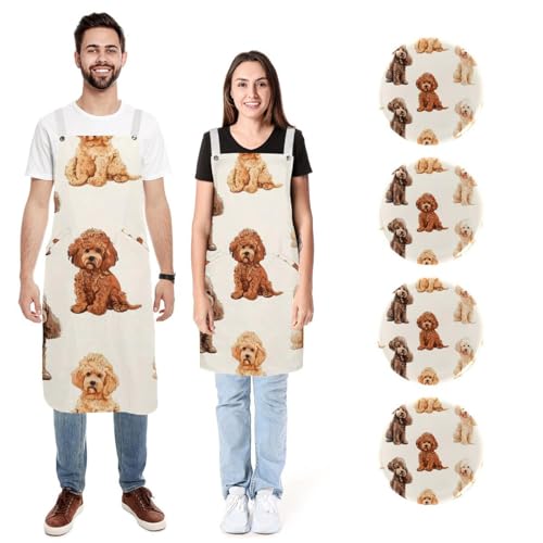 Tabliers de cuisine lin caniches mignons réglables avec 2 poches