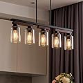5-Light Kitchen Island Lighting & Farmhouse Dining Room Light Fixtures Over Table, Rustic Wood Linear Chandelier Adjustable Ceiling Hanging Pendant - Rotating Design, Customizable Shapes, Clear Glass