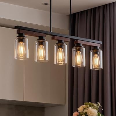 5-Light Kitchen Island Lighting & Farmhouse Dining Room Light Fixtures Over Table, Rustic Wood Linear Chandelier Adjustable Ceiling Hanging Pendant - Rotating Design, Customizable Shapes, Clear Glass