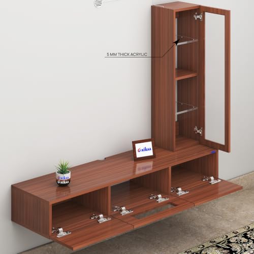 Image of Anikaa Lucen Ultra Modern Wall-Mounted TV Unit with Storage Cabinet and Light | 3 Flip-Down Storage Doors, Acrylic Shelves & Engineered Wood Construction | Fits Up to 43 Inch TV | Walnut Finish | DIY