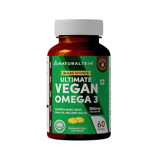 Naturaltein Ultimate Vegan Omega 3 (60 Softgels) | Algae Source DHA | 1000 mg Algae Oil & 500 mg DHA Per Serving | Plant-Based Omega 3 | Heavy Metal T