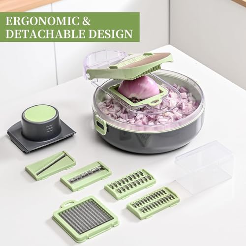 Image of Vasukie 14-in-1 Multipurpose Chopper - Fruits & Vegetable Cutter, Grater, Peeler, and Mandolin Slicer with Container - Easy Push-to-Clean Kitchen Chopper & Dicer