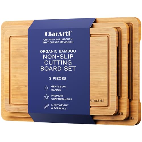 ClarArti - Bamboo Cutting Boards for Kitchen – Set of 3 Non-Slip Wood Cutting Boards with Juice Groove – Thick Organic Bamboo Chopping Board Set for Meat, Vegetables & Meal Prep by ClarArti - Used condition - US$14.89