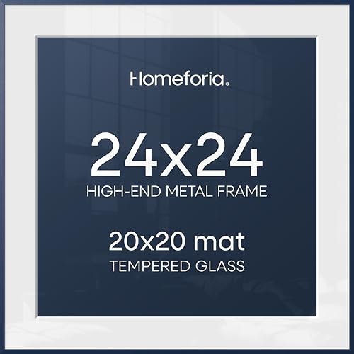 Image of Homeforia 24x24 Picture Frame Navy Blue, High End Metal 24 x 24 Large Square Poster Frame with Mat 20 by 20 inch Photo, 24by24 Thin Frames Matted to 20x20 for Print, Tempered Glass, Wall Kit, Set of 2