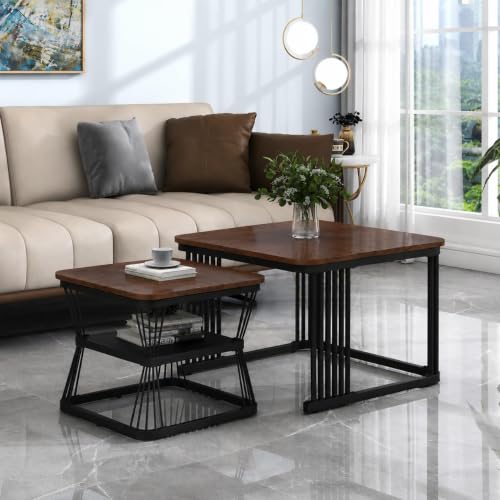 Image of Brown Art Shoppee Set of 2 Modern Coffee Tables with Marble Finish Top, Metal Frame, Nesting Center Table & End Table for Living Room Home Decor (Black & Brown)