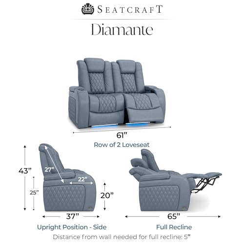 Image of Seatcraft Diamante Smokey Blue Italian Leather Home Theater Seating, Zero Gravity Power Recliner, Gaming and Home Office Chair, Powered Headrest Furniture for Cinema Room, Row of 2 Loveseats
