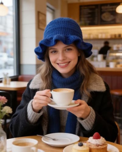 Image of Women Crochet Bucket Hat Cute Winter Ruffled Brim Floppy Cap Handmade Knit Cloche Hats
