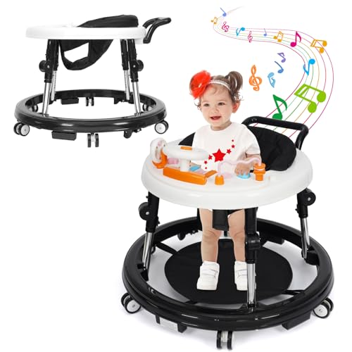 Image of Wismind Music and Lights Baby Walker Foldable with 9 Adjustable Heights, Baby Walker with Wheels Portable, Baby Walkers and Activity Center for Boys Girls Babies 7-18 Months