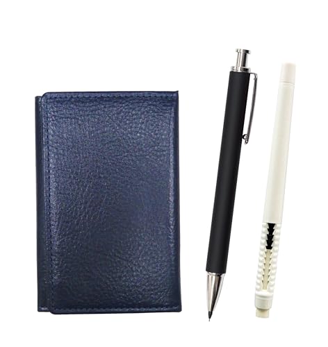 シボ革名刺入れ青 ペン型消しゴム白と押し出し成型ラバー軸真鍮ノックシャープペンセット 黒 MEIL-MC46W-HS301S