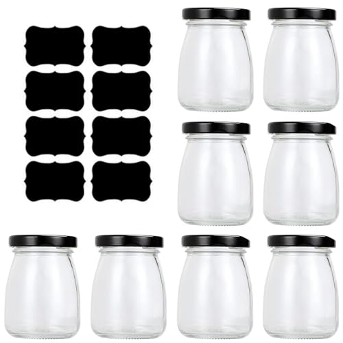 YankMooM Paquete de 8 tarros de vidrio con tapas, tarros redondos de yogur de 100 ml, mini botellas de leche, tarros pequeños con tapas negras para pudín, yogur, mermelada, miel, gelatina, mousse,