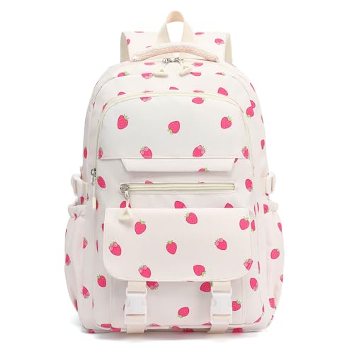 Image of High Middle School Backpack for Girls Travel Kawaii Laptop Kids Bookbag, Strawberry Beige