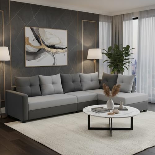 Image of SOCOZI Oriana 6 Seater RHS L Shape Sofa Set | Soft Velvet Suede Fabric | Modern Design | Plush Comfort Cushions for Living Room (Light Grey- Dark Grey)