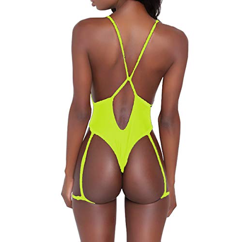 Ne Norboe Women’s Deep V Neck Sexy Garter Belt Bikini Spaghetti Straps Cross On Back One Piece Swimsuits (Neon Yellow, Xl) #TOP2