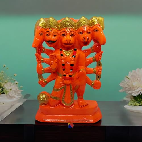 Image of Hanuman murti - Hanuman Idol for Home Decor & Office - Panchmukhi Hanuman - (22 cm) (Orange)