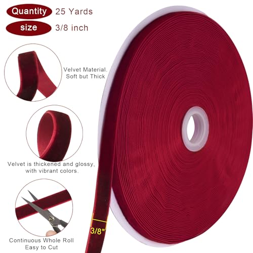 Image of Tsorode 25 Yards Red Velvet Ribbon,3 /8 Inch Christmas Tree Ribbon