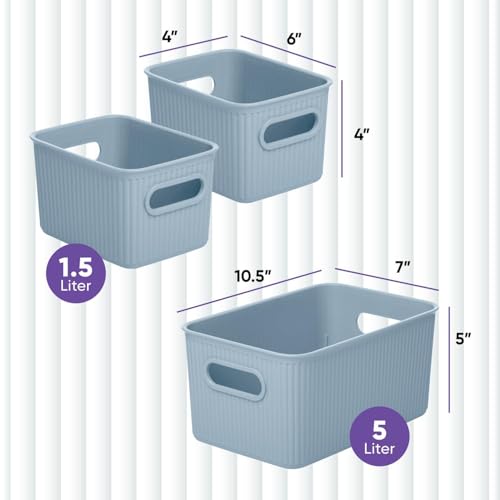 Image of Decorative Plastic Basket Open Home Storage Bins Organizer Baskets, Blue (Set of 3) 1 Medium, 2 Small - Container Boxes for Organizing Closet Storage Bins for Shelves Drawer Shelf - Ribbed Collection
