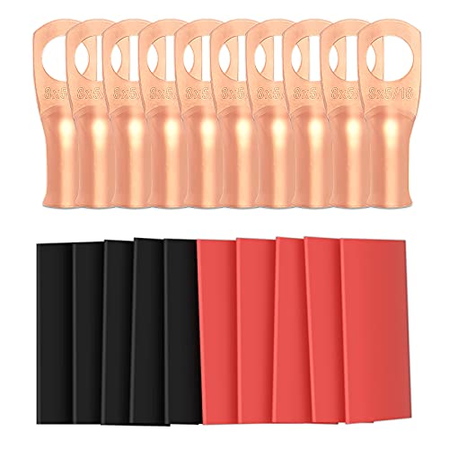 Sanuke Battery Terminal Connectors, Copper Wire Lugs Assortment Battery Cable Ends with 3:1 Heat Shrink Tubing 8 AWG - 5/16" (M8)