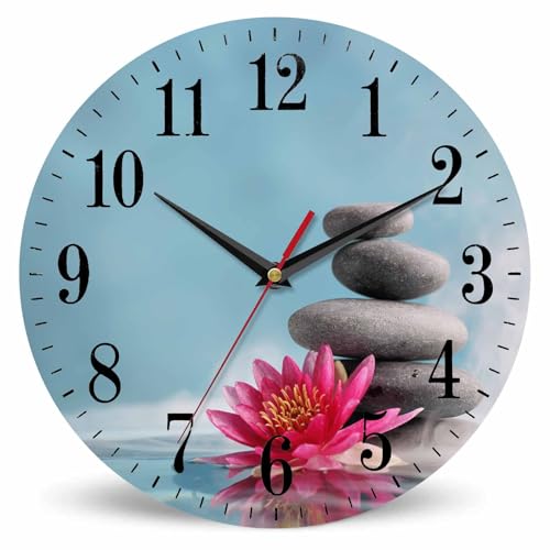 Mxocom Meditation Wall Clock Water Lily and Zen Stone Natural