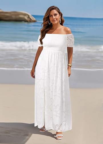 Image of Holipick Women's Off The Shoulder Boho Dress Plus Size Floral Smocked Waist Split Summer Maxi Sundress with Pockets