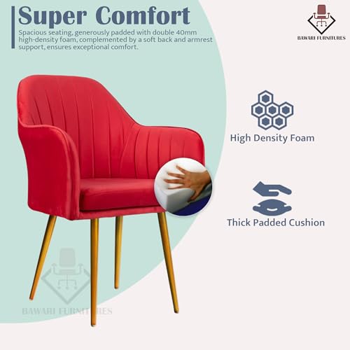 Image of Accent Chair for Living Room| Soft Velvet Fabric Armchair with Multi Colour Leg Options | Modern Chair with Thick Cushion for Home Office restaurent and cafes| 1pc (Golden Legs, Red)