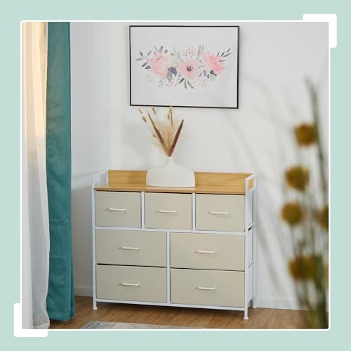 Cómoda 7 cajones Relaxdays de madera mueble beige y blanco para dormitorio 3
