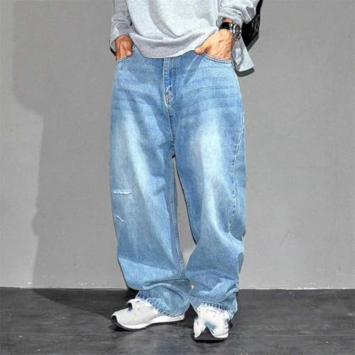 Men’S Vintage Embroidery Ripped Baggy Cargo Pants Button Fly Midweight Light Distressed Wash Full Length Jeans2