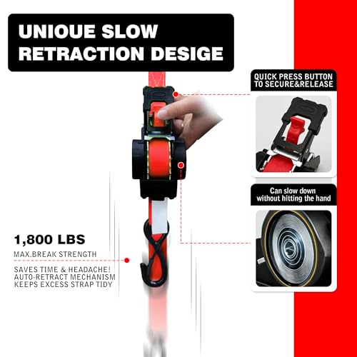 Image of Retractable Ratchet Straps 1 inch x 13Ft, Heavy Duty Self Retracting Tie Down Straps, 1800lb Break Strength Auto Retract Cargo Straps for Truck, Trailer, Motorcycle, ATV, UTV, (Red, 4 Pack)