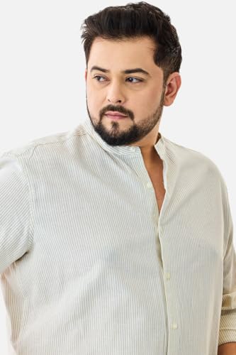 Image of SNITCH Men Casual Plus Size Shirt | Regular Fit Full Sleeve Mandarin Collar Striped Design | Premium Cotton Linen Blend & Breathable Fabric for Office & Everyday Wear
