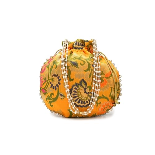 PINK TREASURE Banarasi Silk Potli Bag with Floral Zari Work & Pearl Handle | Traditional Drawstring Bag for Women | Festive & Bridal Gift Accessory(Yellow)