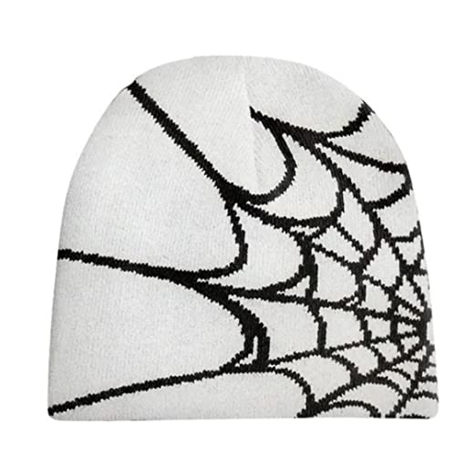 Y2K Gothic Spider Pattern Wool Acrylic Knitted Hat Women Beanie Winter Warm Beanies Men Casual Skullies Outdoor (White)