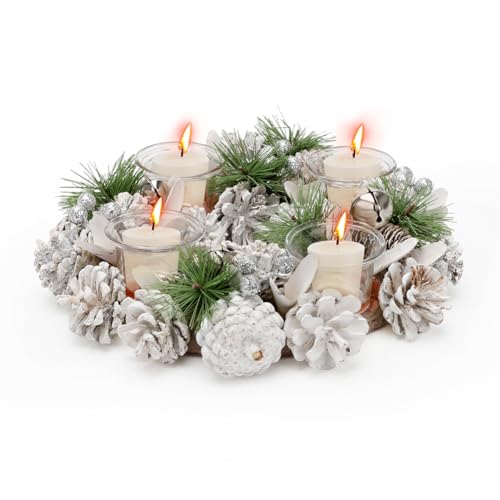 Gohytal Tischkranz für Weihnachten - weißer Adventskranz mit Glitzer...