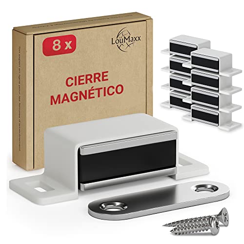 LouMaxx cierre magnético fuerte - fuerza de sujeción 4kg - juego de 8 en blanco - imán para puerta- imán para puerta- cierre magnético armario- cierrapuertas magnético- puerta magnética armario