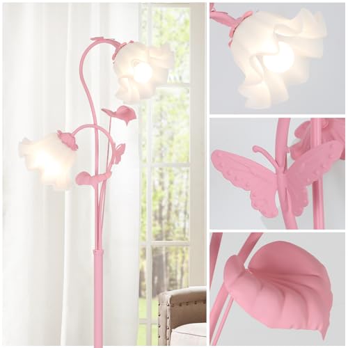 Image of HMVPL Pink Flower Floor Lamp, Floral Standing Lamp with 2 LED 5W Blubs, Foot Switch, Modern Corner Tall Lamp with Acrylic Shade, Girls Cute Floor Lamp for Living Room Bedroom Office Kids Reading