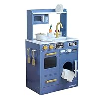Teamson Kids Wooden Play Kitchen Little Chef with Mini Garden and Washing Machine Blue