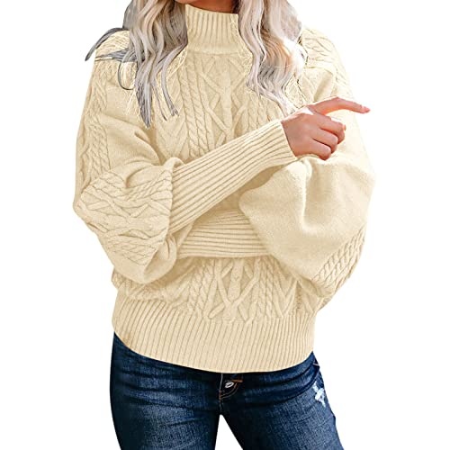 Sweaters for Women Mock Turtleneck Solid Cable Knitted Trendy Lantern Sleeve Warm Comfort Pullover Sweaters Tops2