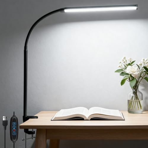 Akynite 54 LED Desk Light with Clamp, 3 Colour Modes & 10 Brightness, Dimmable Reading Lamp, Eye Caring Clamp Desk Lamp, USB Powered Clip on Table Light for Nails Crafts Sewing, Black