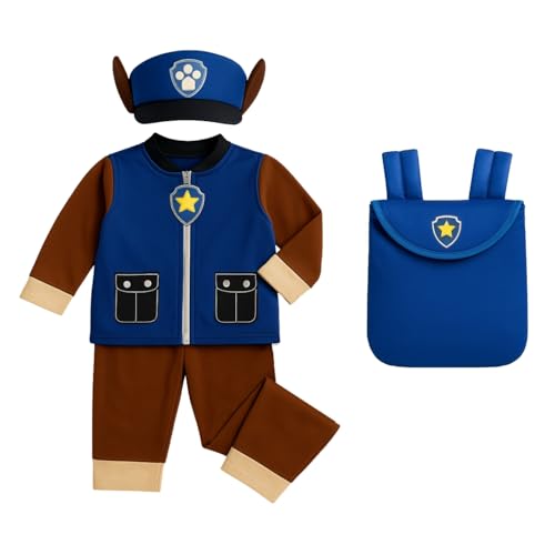 Image of WANNA PARTY Cute Cartoon Paw Chase Marshall Costume with blue backback for Boys for Birthday Outfit,Halloween, Pretend Play Costume Dress for Boys.Size-3 to 5 years