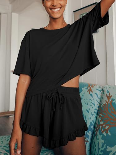 Image of Tankaneo Womens 2 Piece Shorts Set Summer Casual Short Sleeve T Shirts Drawstring Ruffle Shorts Pajamas Lounge Set