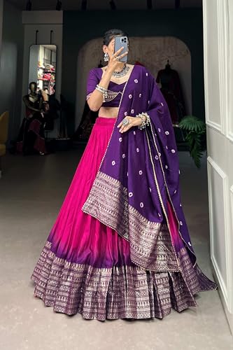 Woman's perfectly Navratri Collection Tussar Silk Lehenga Choli Patola Print with Foil Work