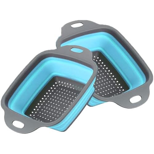 katmerio Faltbarer Seiher Sieb Set,2 Stück Küche Silikon Klappbar Abtropfsieb Nudelsieb, Küchensieb Abwaschschüssel von Nudeln, Obst, Gemüse (Blue)