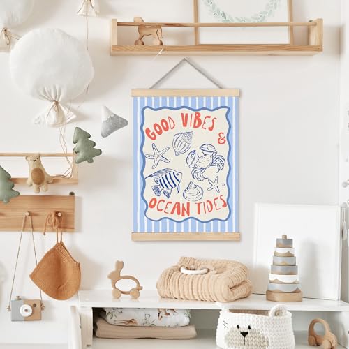 Image of PQKIY Coastal Summer Wall Art Poster Hanger Frame 12x16 in, Trendy Blue Striped Ocean Beach Sea Life Crab Starfish Fish Wall Decor Canvas Prints for Beach House Room Home Bedroom