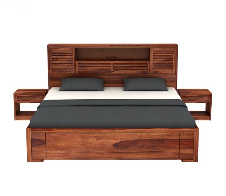 Image of Solid Wood Bed with Storage | Modern Wooden Bed with Slatted Headboard | Strong & Durable Bed Frame for Bedroom Home & Hotel (Honey Finish, King)