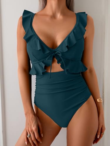 Image of Eomenie One Piece Swimsuit for Women Tummy Control Ruffle Bathing Suit V Neck Ruched Swim Suit Slimming Cutout Swimwear