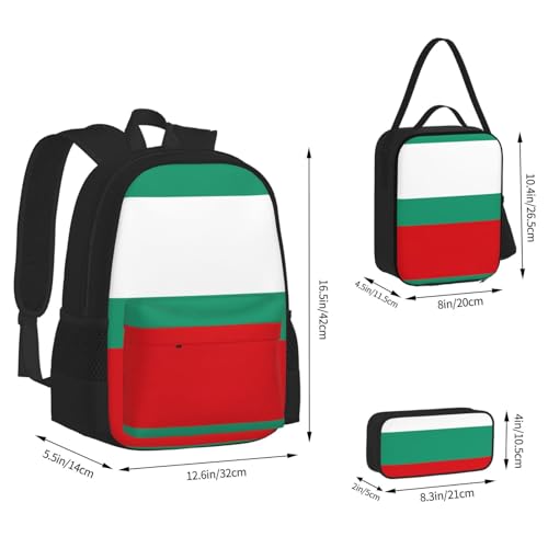 Bulgarian Flag Print 3 Piece Backpack Set, Laptop Daypack, Lightweight Bookbag Set With Lunch Bag Pencil Case3