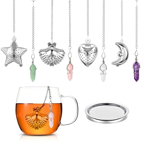 Tidorlou 4pcs Tea Infuser, Tea Strainer Tea Diffuser for Loose Tea, Amethyst Natural Crystal Moon Pendant Tea Ball Tea Filter with Chain Hook Drip Trays (4 pcs hexagonal column)