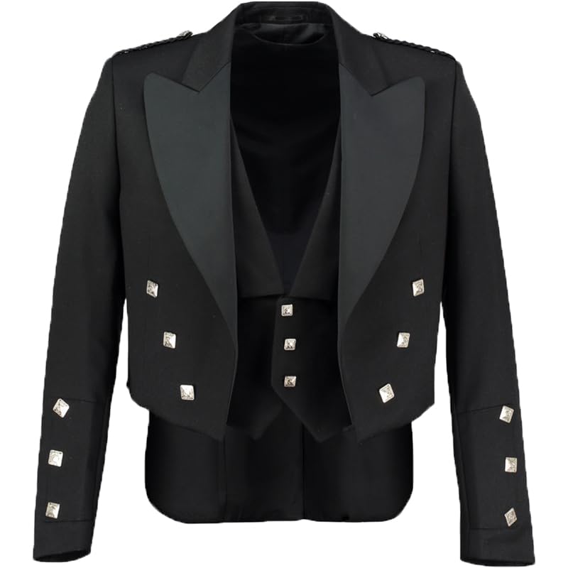 Scottish Handmade Prince Charlie Jacket with 3 Button Waistcoat | Wool Argyle Kilt Jacket