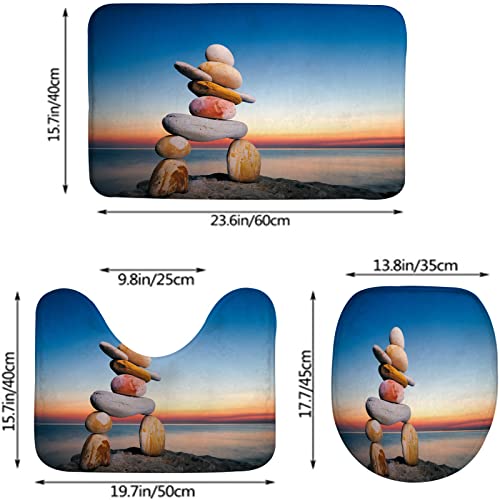 Badezimmerteppich-Set, 3-teilig, Figur von Inukshuk an der Meeresküste gegen den Sonnenuntergang, waschbarer Badeteppich, rutschfest, mit Rückenpolster, Konturteppich und Toilettendeckelbezug – Bild 3